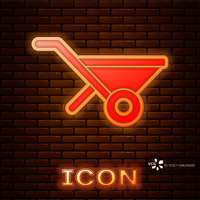 砖墙上孤立的发光霓虹手推车图标图片素材