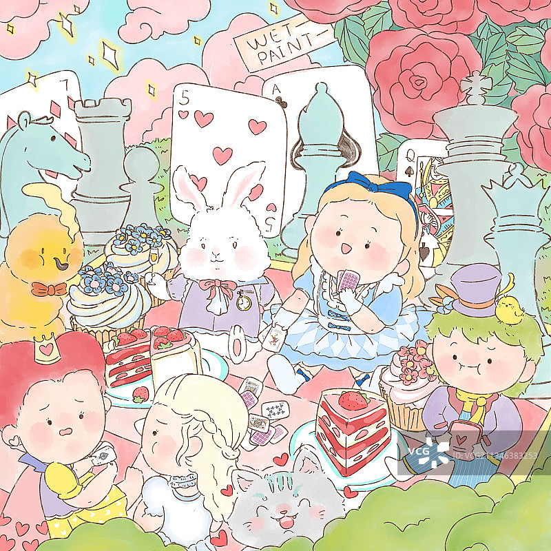 梦幻卡通手绘幻想插画童话中温馨的野餐图片素材