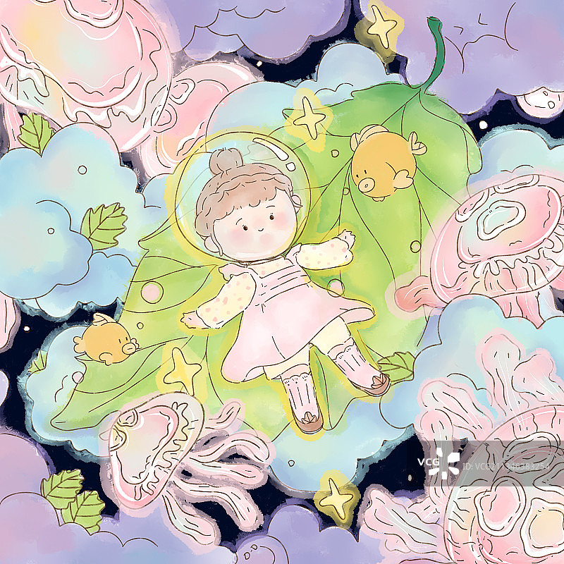 甜美卡通手绘幻想插画水母天空下的女孩图片素材