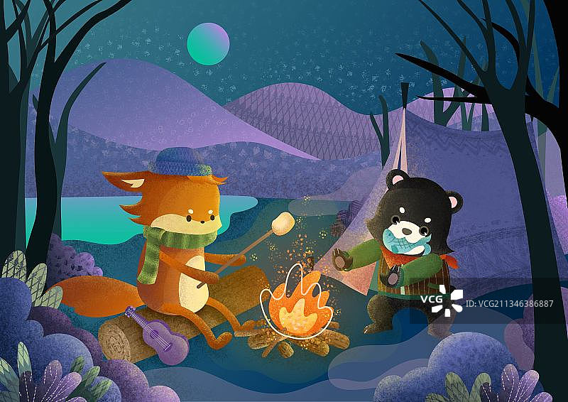蓝紫色扁平风唯美卡通冬季露营篝火卡通插画图片素材