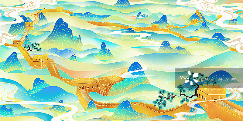 万里长城青山绿水仙鹤飞翔图片素材