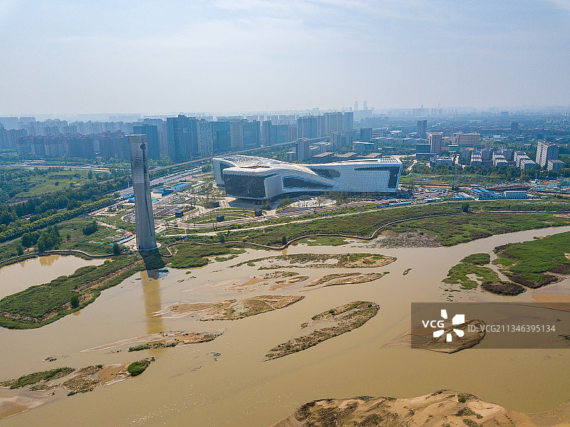 河南郑州郑东新区白沙园区象湖畔河南科技馆户外风光航拍视角图片素材
