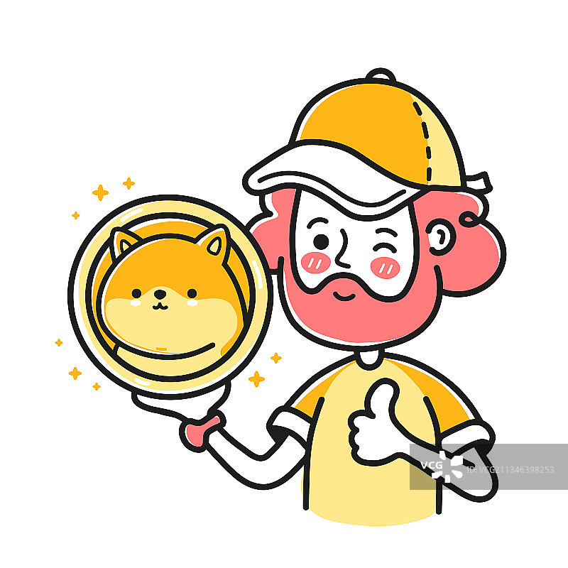 手持狗狗币的年轻络腮胡男子图片素材