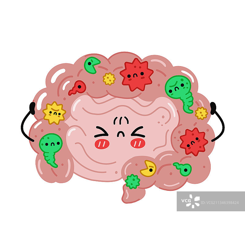 含有害细菌的可爱滑稽的肠道器官图片素材