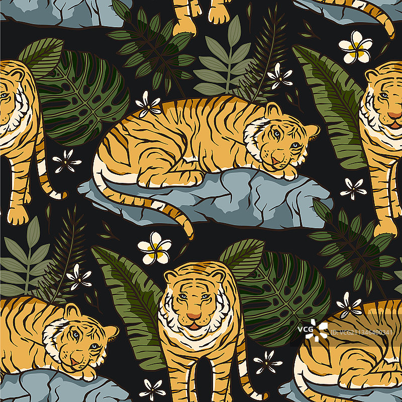 奇异热带动物野生老虎无缝图案图片素材
