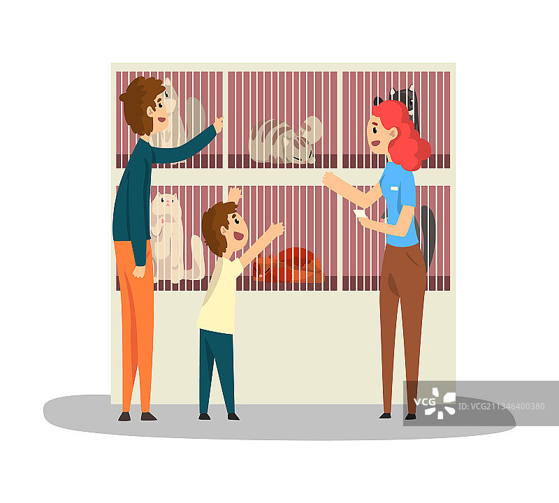 一家人在宠物店或动物收容所选择猫咪图片素材