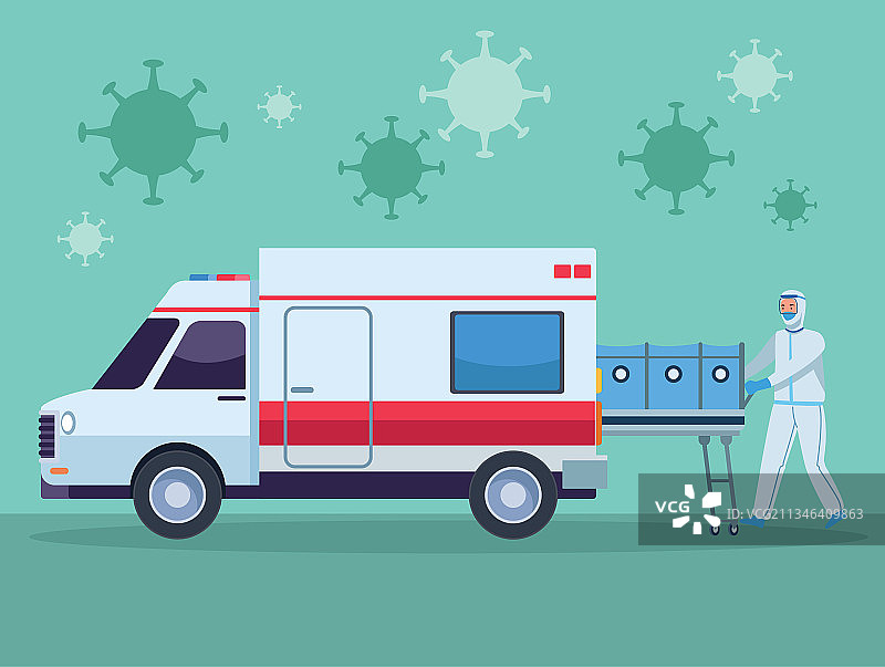 医生与担架和救护车图片素材