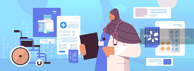 穿着制服拿着剪贴板的阿拉伯医生图片素材