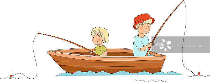 父亲和儿子在船上用钓竿航行图片素材