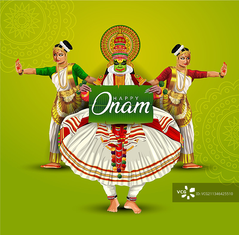 奥南节庆与卡塔卡利舞者手持香蕉叶图片素材