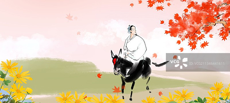 中国风古代人物插画古代文学诗词杜甫秋天图片素材