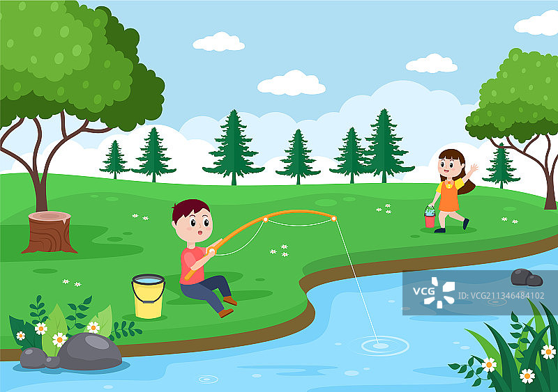 儿童在河边快乐钓鱼图片素材