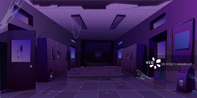 废弃的学校走廊内部夜间通道图片素材