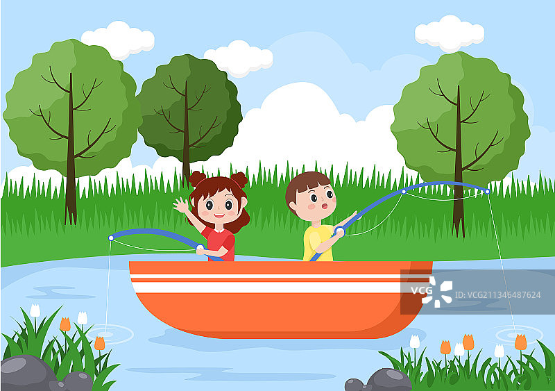 儿童在河边快乐钓鱼图片素材