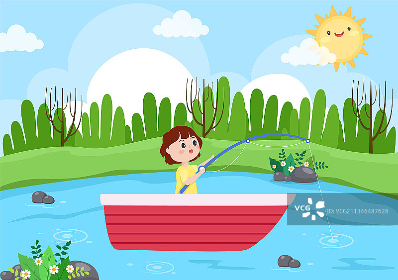 儿童在河边快乐钓鱼图片素材