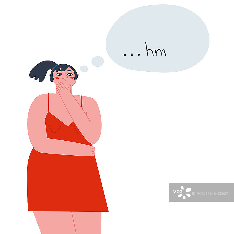 穿着红色连衣裙，抬头思考的女孩图片素材