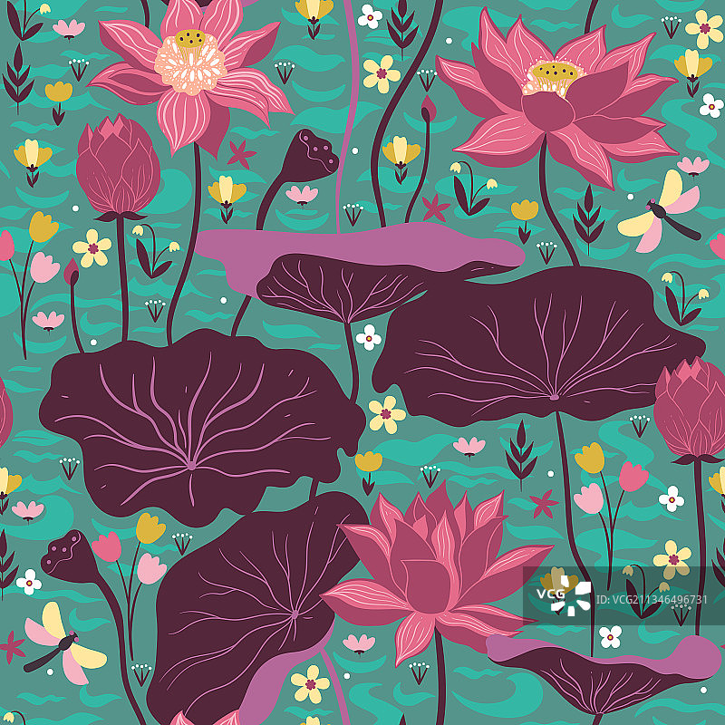 莲花和水生植物无缝图案图片素材