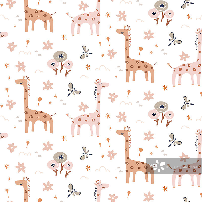 可爱的长颈鹿宝宝与蝴蝶无缝图案图片素材