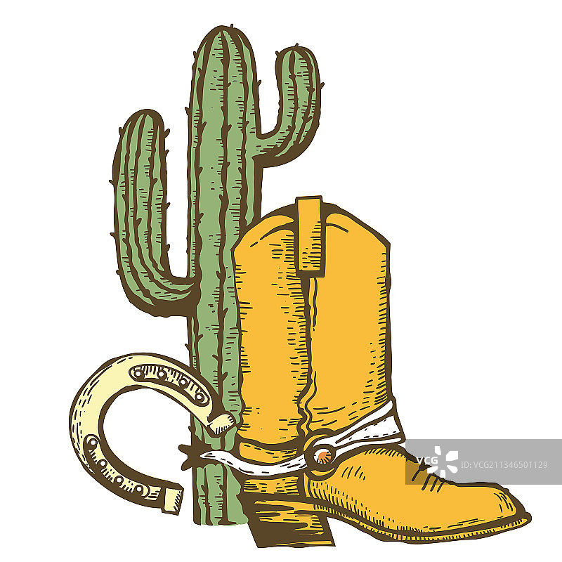 牛仔靴马蹄铁和仙人掌复古图案图片素材