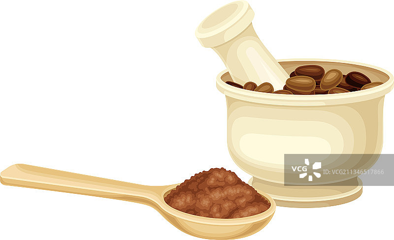 装有可可豆种子的研钵和研杵图片素材