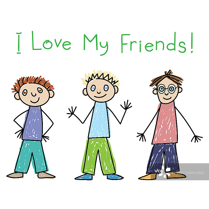 我爱我的朋友们，三个男孩儿童绘画风格图片素材