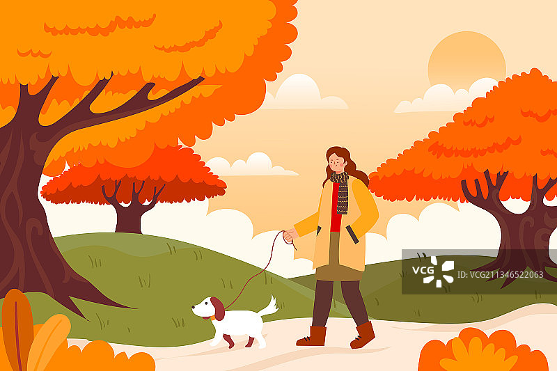秋天户外遛狗的女人矢量插画图片素材