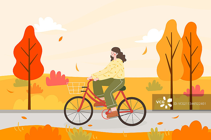 秋天骑自行车的女孩矢量插画图片素材