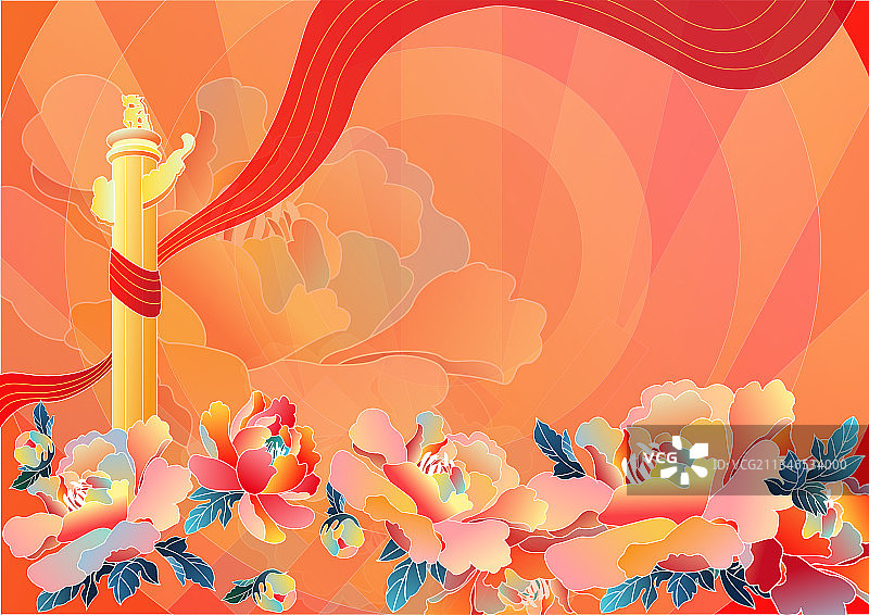 矢量红色节日牡丹华表背景插画图片素材