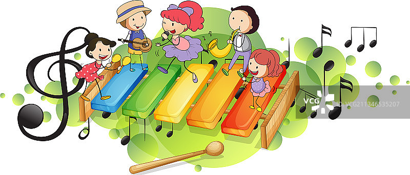 快乐儿童与旋律符号的木琴图片素材