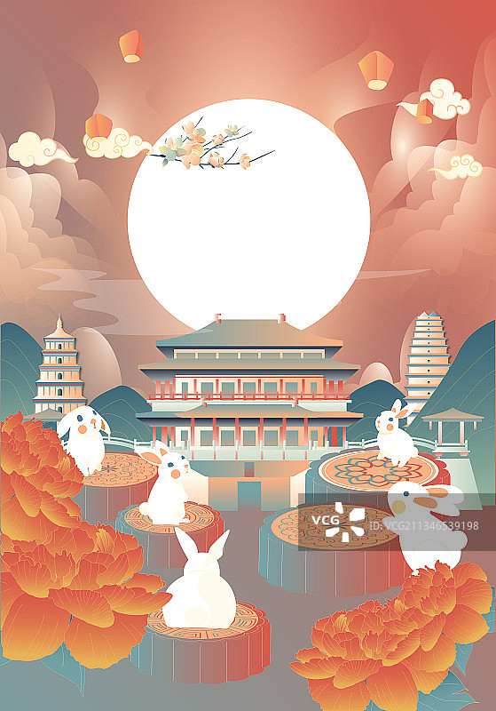 中秋节五只兔子站在月饼上看月亮矢量插画图片素材