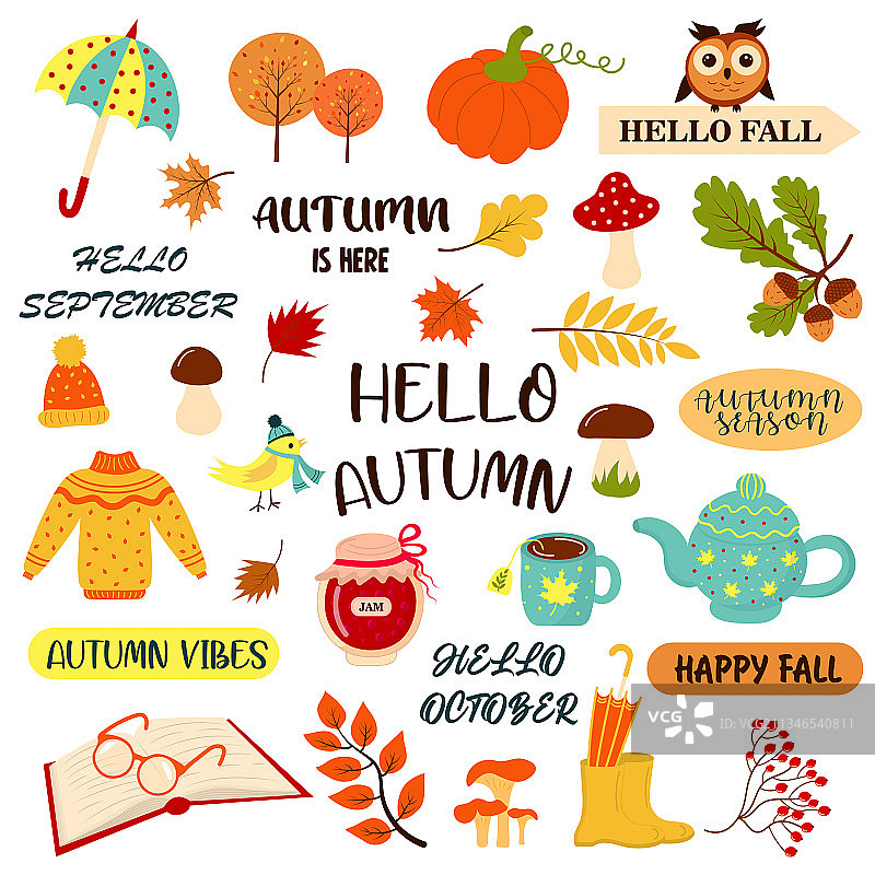 秋季短语和舒适元素套装图片素材