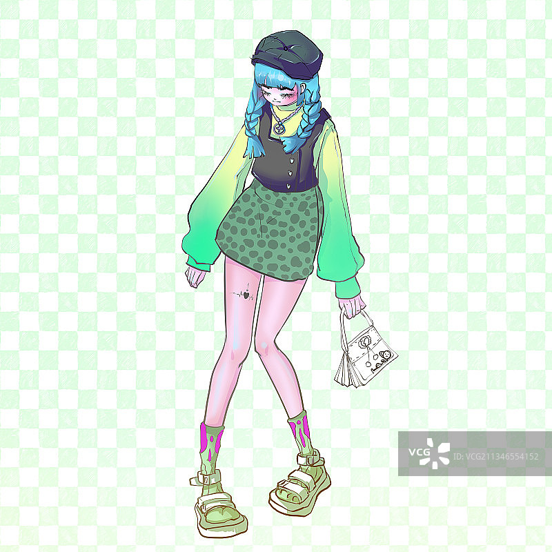 原创潮流少女可爱美少女人物衣服穿搭格子夏天户外街拍女生插画图片素材