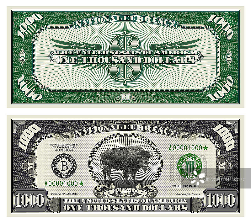 1000美元纸币正面和反面图片素材