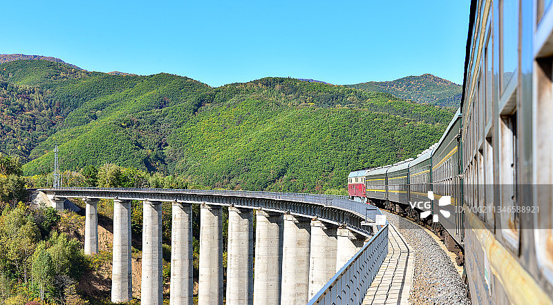丹东-龙井K7379次行驶在白和线青山里大桥上图片素材