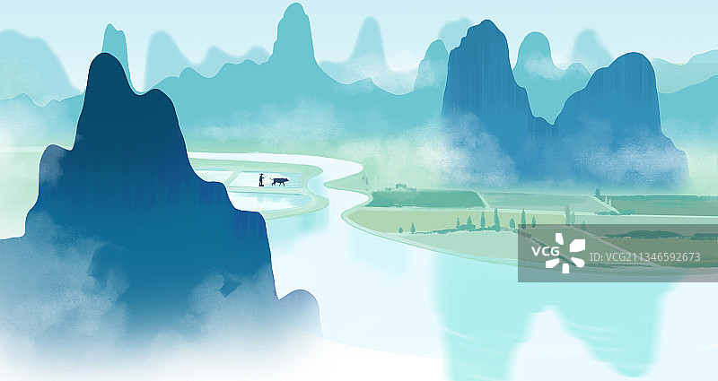 中国风青绿山水画中国山水画卷国家地理桂林山水江南水乡背景插画图片素材