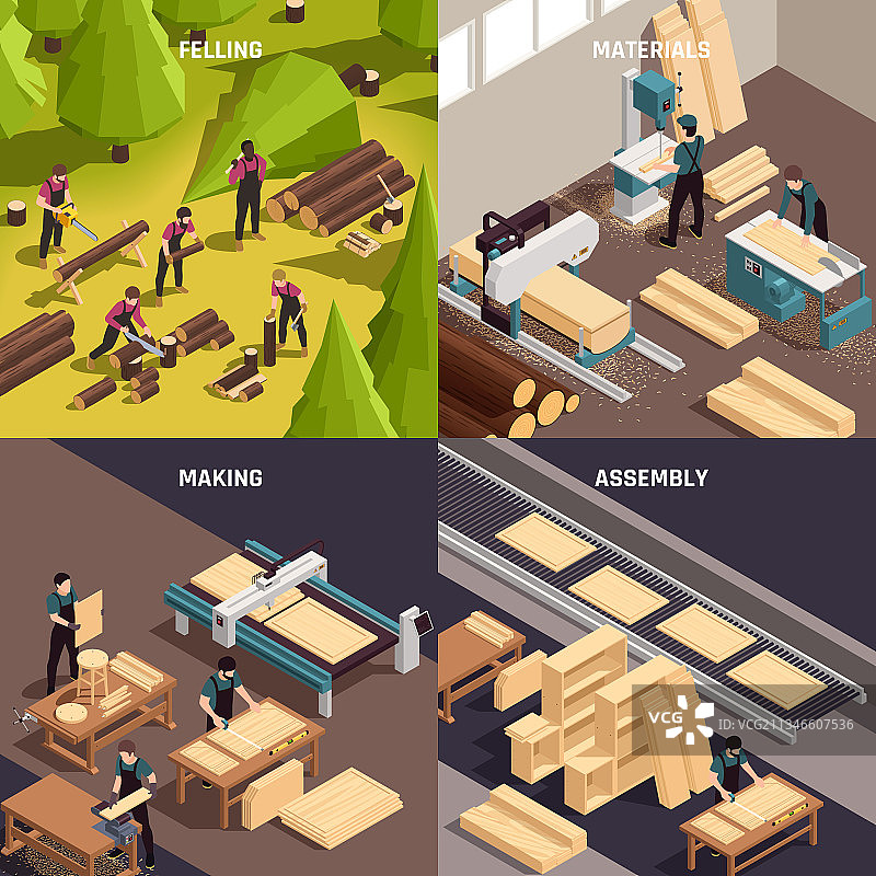 家具生产2.5D等距图标集图片素材