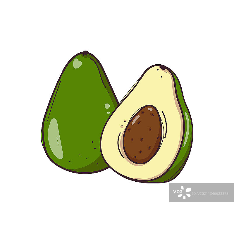 手绘完整牛油果与半个带核牛油果图片素材