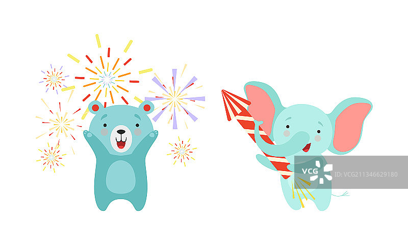 燃放烟花的可爱动物图片素材