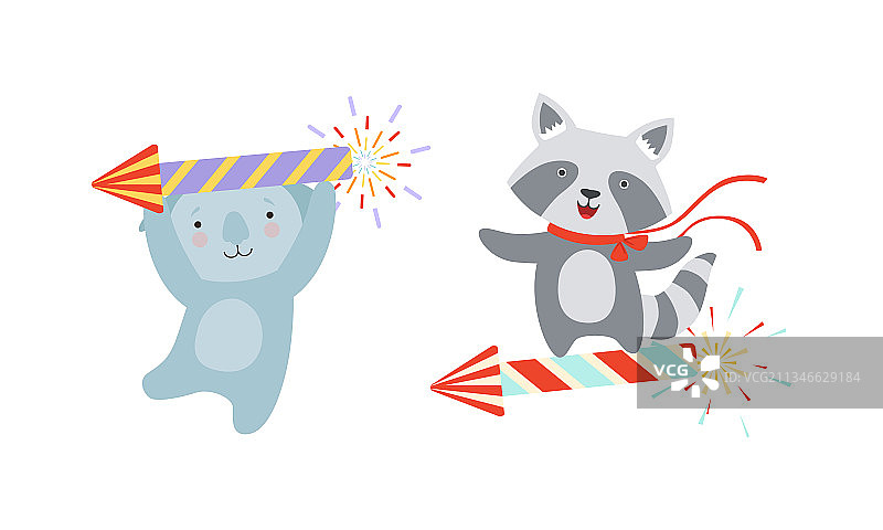 燃放烟花的可爱动物图片素材