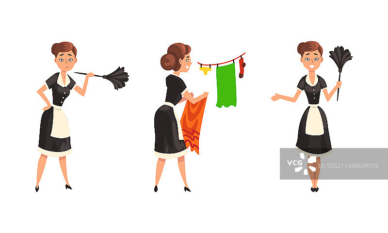 微笑的女保洁员或女保洁员，穿着黑白衣裙图片素材