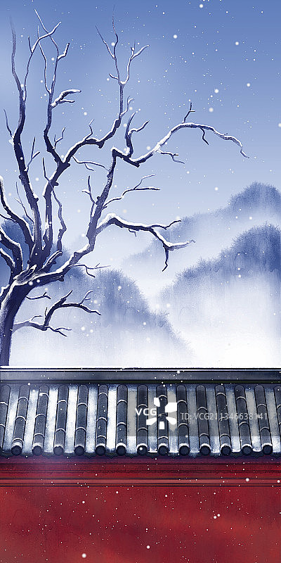 中国风冬天户外古建筑手绘插画图片素材