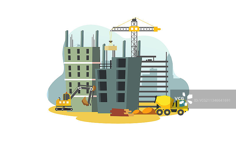 建筑工地与建筑起重机和挖掘机图片素材