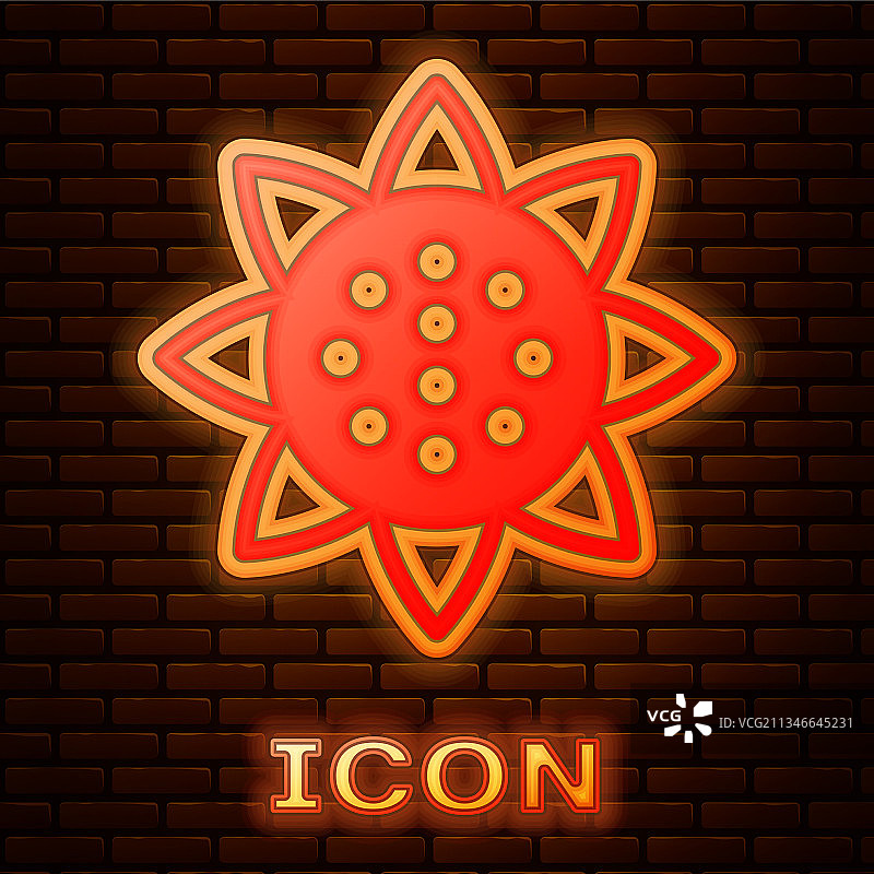 发光的霓虹向日葵图标，砖墙背景图片素材