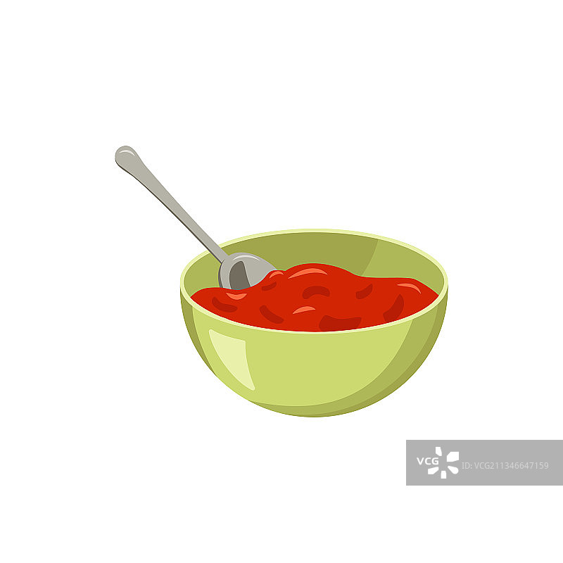 碗里盛着用勺子舀的红色番茄酱图片素材