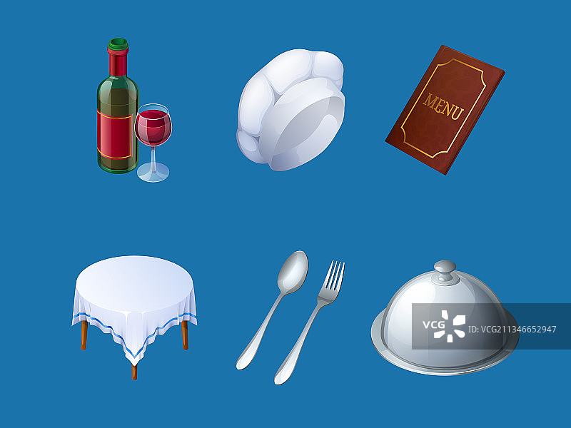 餐厅菜单厨师帽托盘和葡萄酒图标图片素材