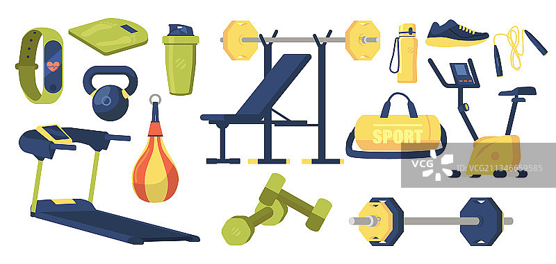 健身元素、运动包、哑铃和杠铃图片素材