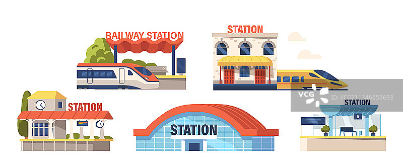 现代化建筑火车站图标集图片素材