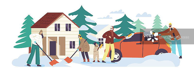 父母和孩子一起铲雪的幸福家庭人物图片素材