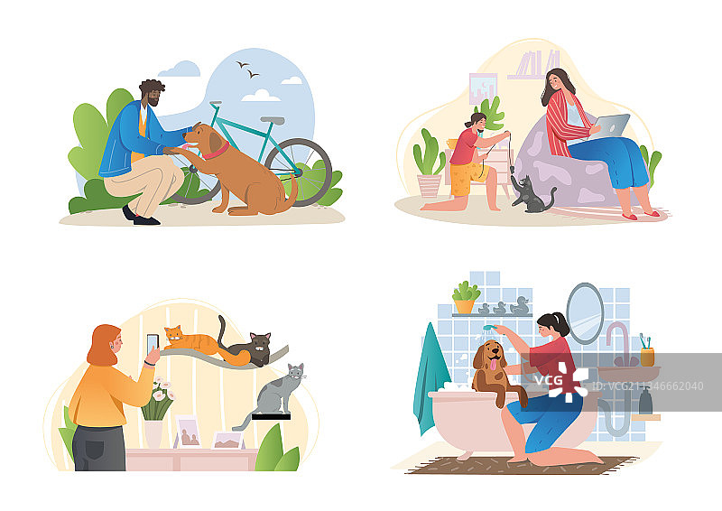 宠物主人的四个不同场景图片素材