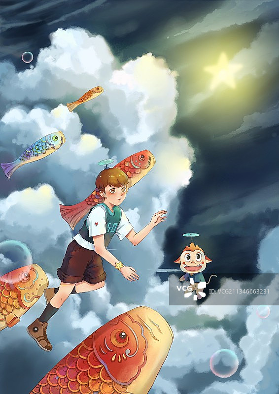 天空中飞翔的男孩在抓星星图片素材